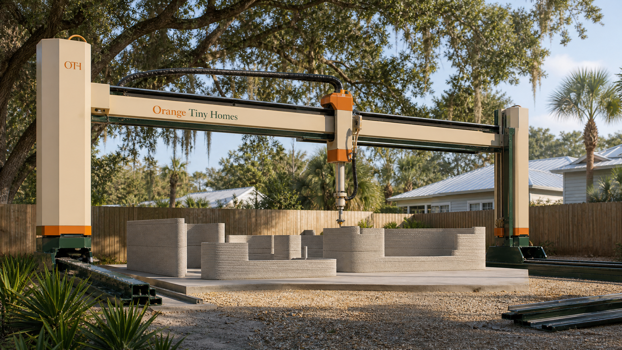 Concept rendering of a branded 3D printer building a small ADU